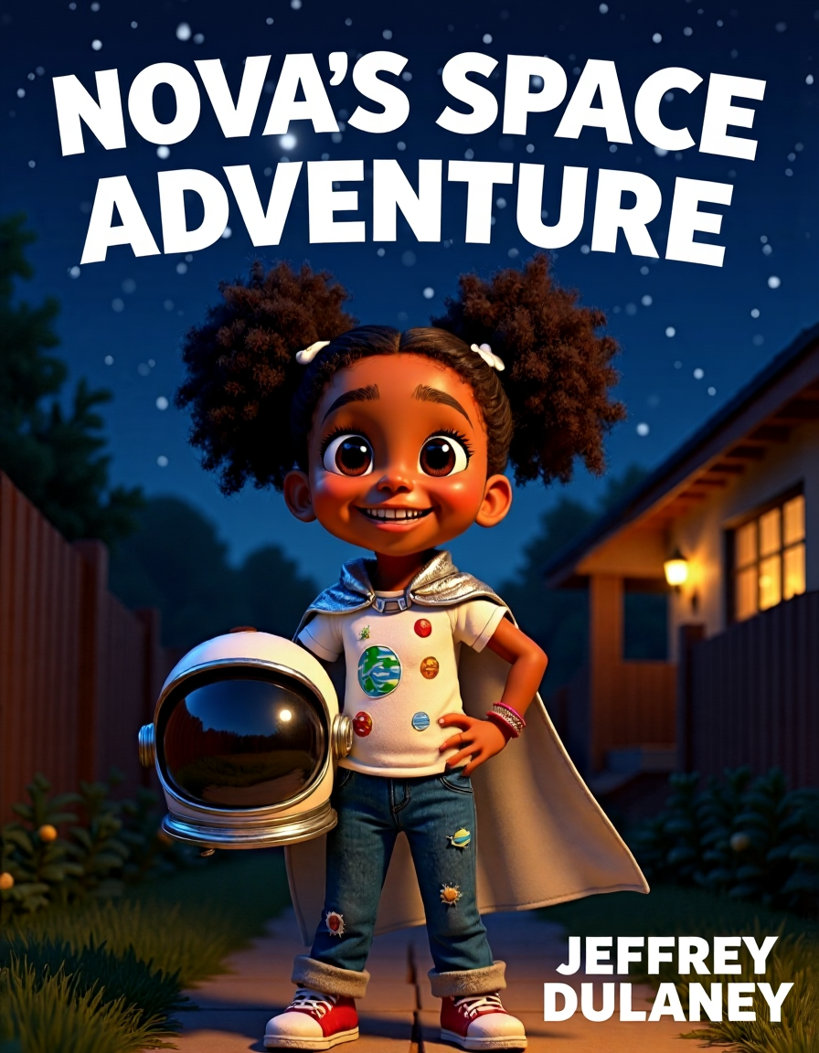 Nova's Space Adventure children's book cover featuring young Black girl astronaut by Jeffrey Dulaney